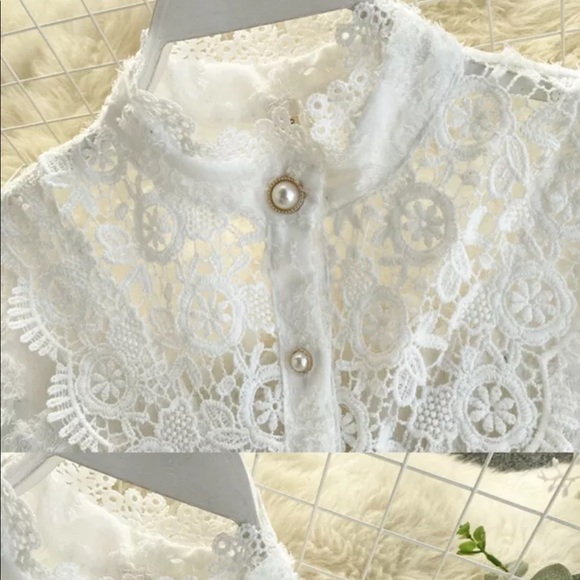 Lace Blouse Button Up Collar Floral Puff Sleeve White Fashion cream - Picture 7 of 9